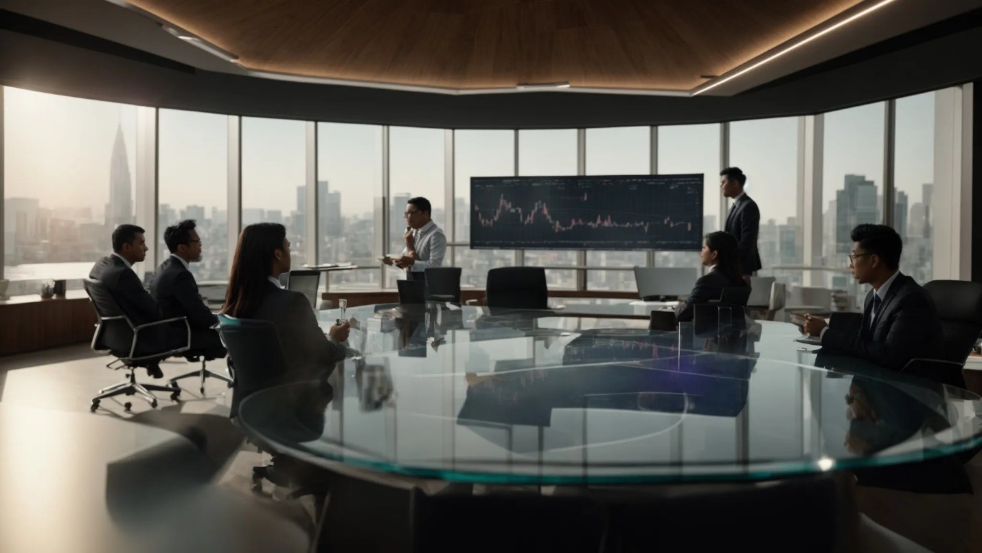 Businessmen standing in front of a screen discussing what is whitespace analysis