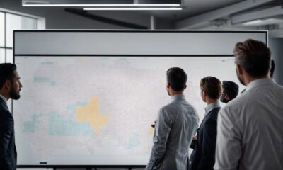 Employees in a conference room with large windows discussing what is whitespace analysis