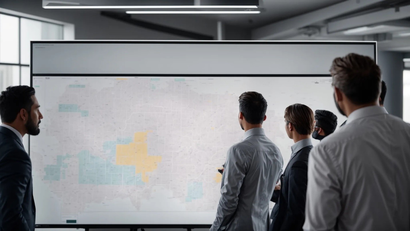 Employees in a conference room with large windows discussing what is whitespace analysis